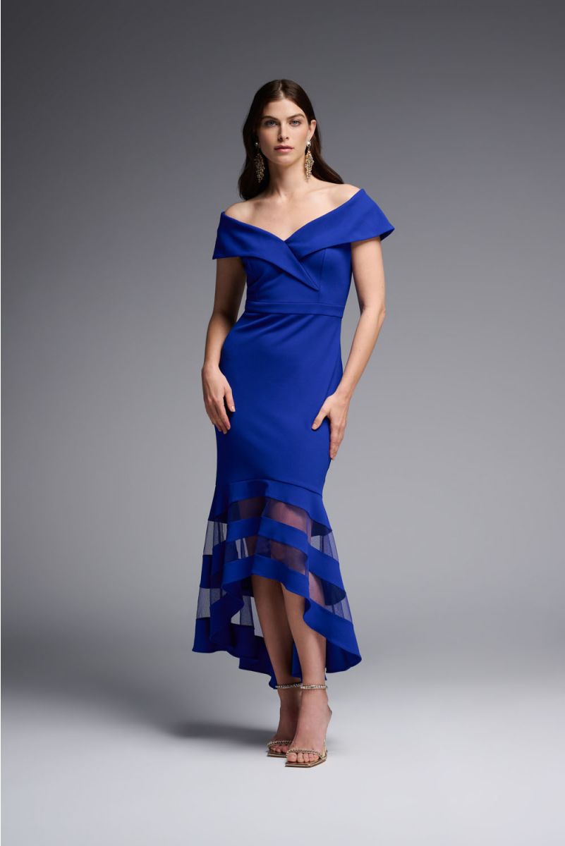 Off-The-Shoulder Suba Crepe Sheath Dress in Royal Sapphire 231756