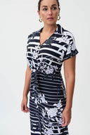 Joseph Ribkoff Midnight Blue/Vanilla Woven Floral Dress with Stripes Style 232050