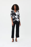 Joseph Ribkoff Vanilla/Black Floral Wrap Top With Bell Sleeves Style 232058