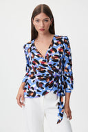 Joseph Ribkoff Blue/Multi Animal Print Georgette Wrap Blouse Style 232171