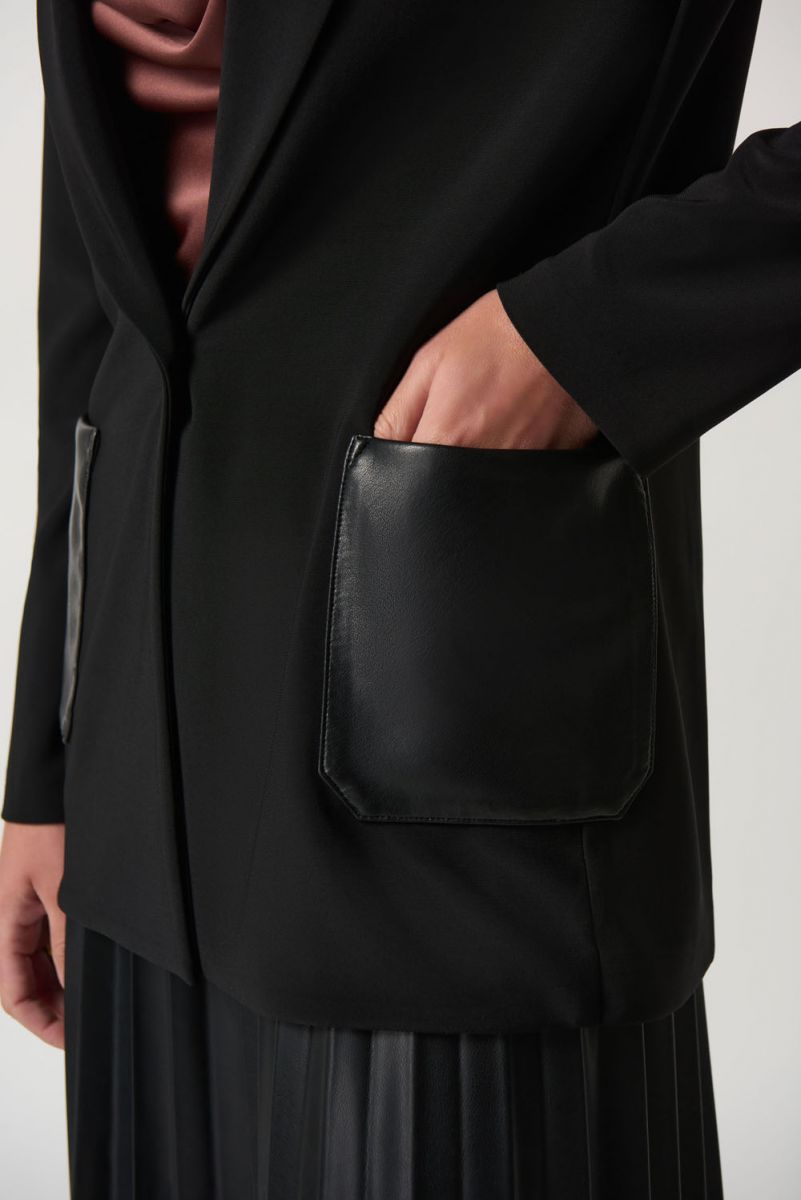Joseph Ribkoff Black Faux-Leather Pocket Blazer Style 233108