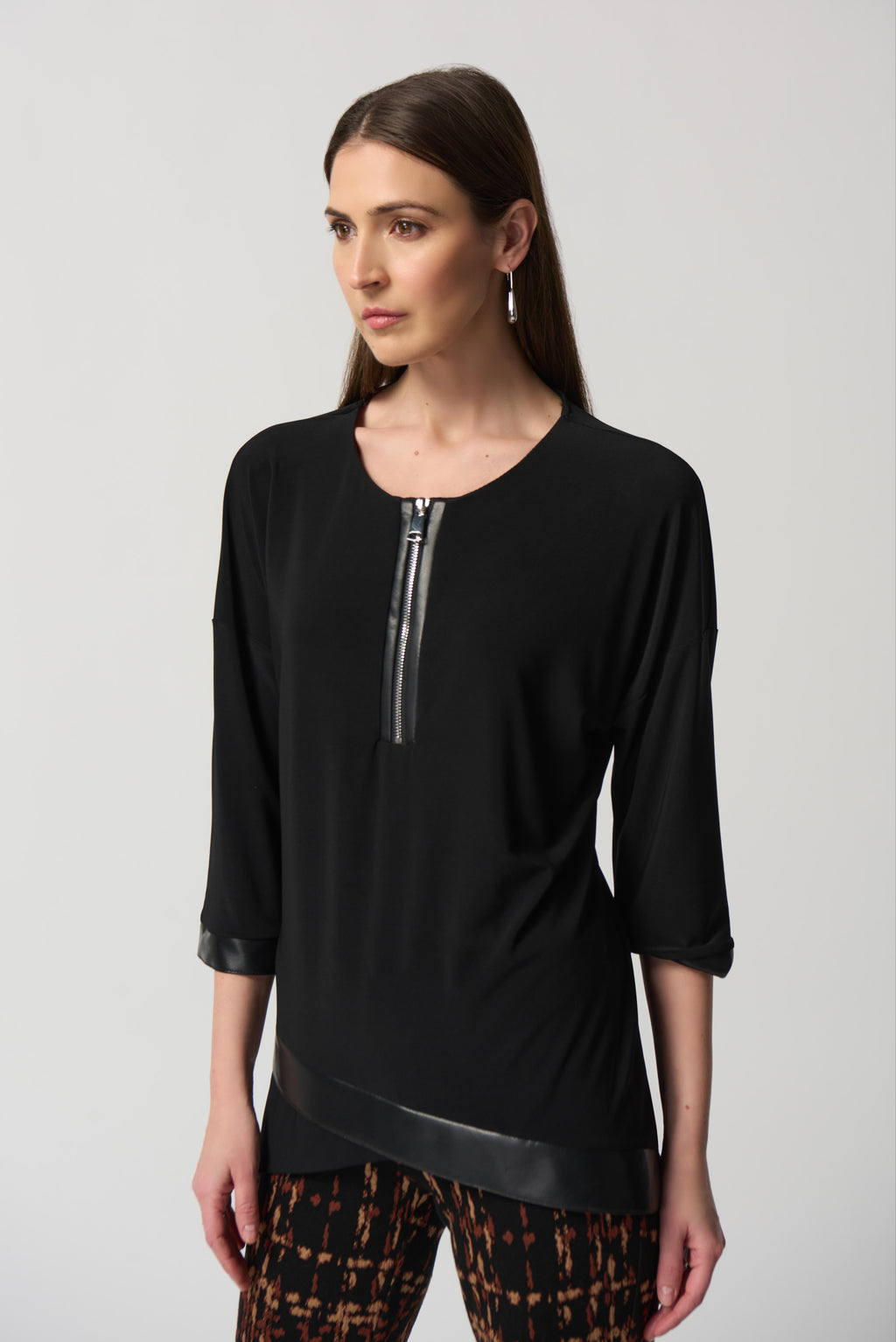 Joseph Ribkoff Knit Shirt TOP 6 Womens EDGY Vegan Leather Pockets BLACK RV  $200