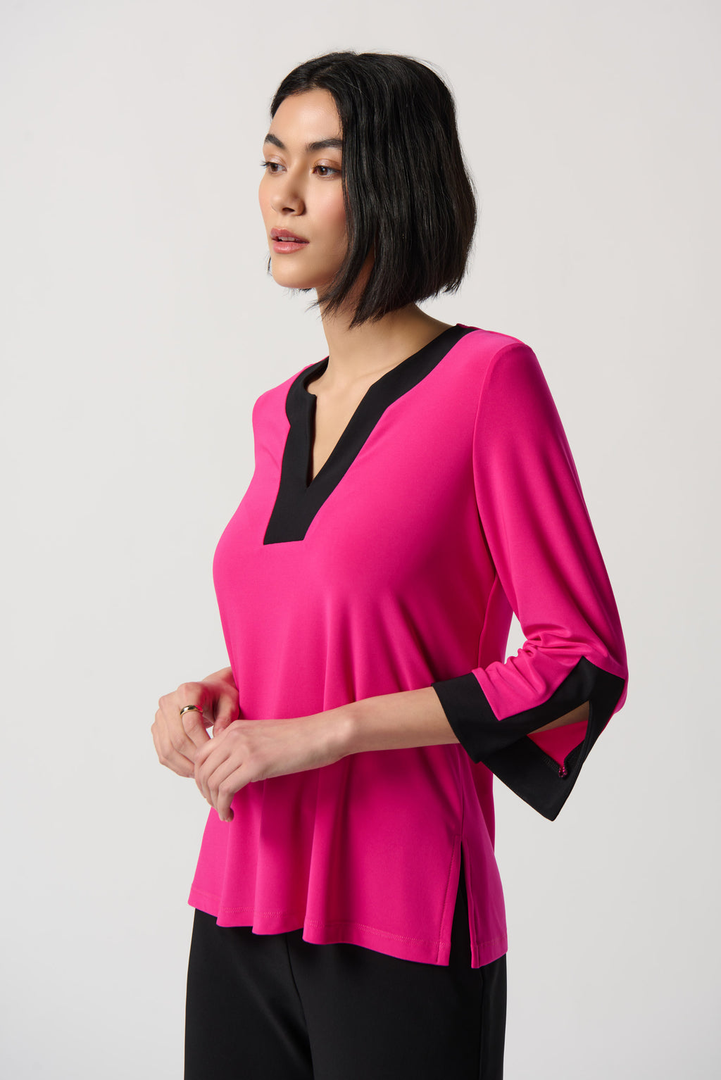 Joseph Ribkoff Shocking Pink/Black Color-Block Slit Neckline Top Style 234083