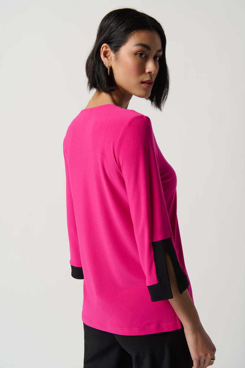 Joseph Ribkoff Shocking Pink/Black Color-Block Slit Neckline Top Style ...