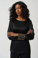 Joseph Ribkoff Black/Gold Satin Puff Sleeve Boxy Top Style 234085