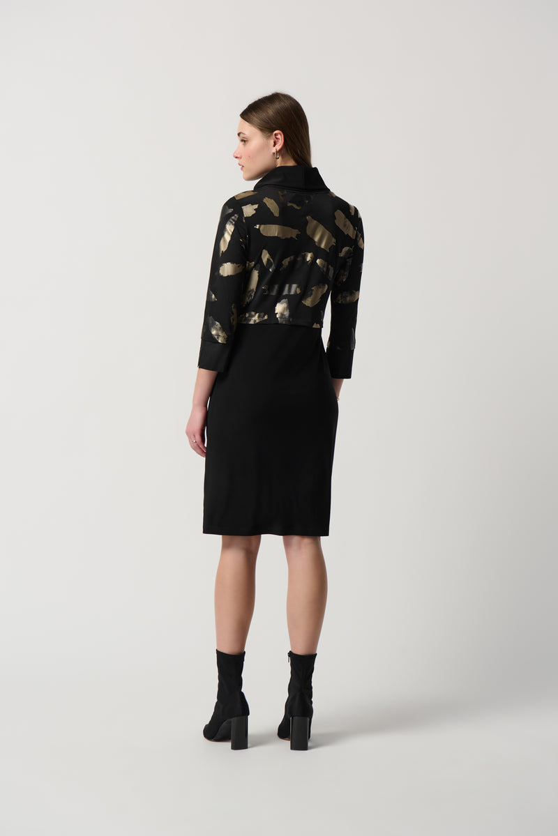 Joseph Ribkoff Black/Gold Abstract Foil Print Cowl Collar Cocoon Dress –  Luxetire