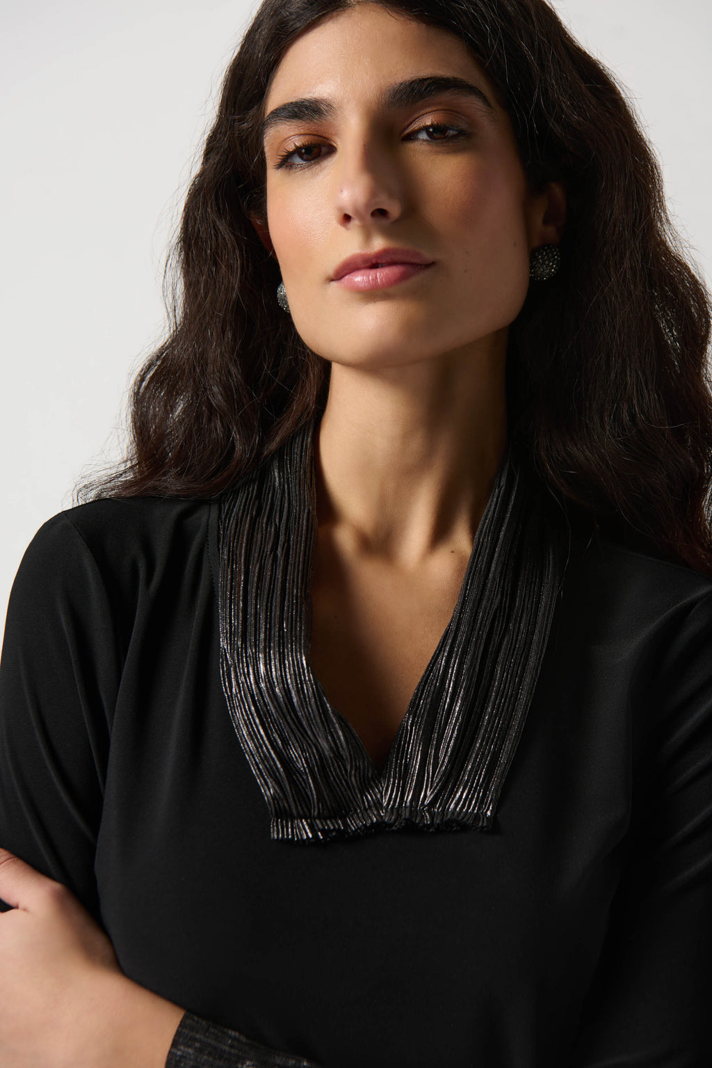 Joseph Ribkoff Black/Dark Grey Silky Knit Top With Pleated Neckline and Cuffs Style 234139