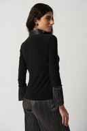 Joseph Ribkoff Black/Dark Grey Silky Knit Top With Pleated Neckline and Cuffs Style 234139