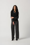 Joseph Ribkoff Black/Dark Grey Silky Knit Top With Pleated Neckline and Cuffs Style 234139