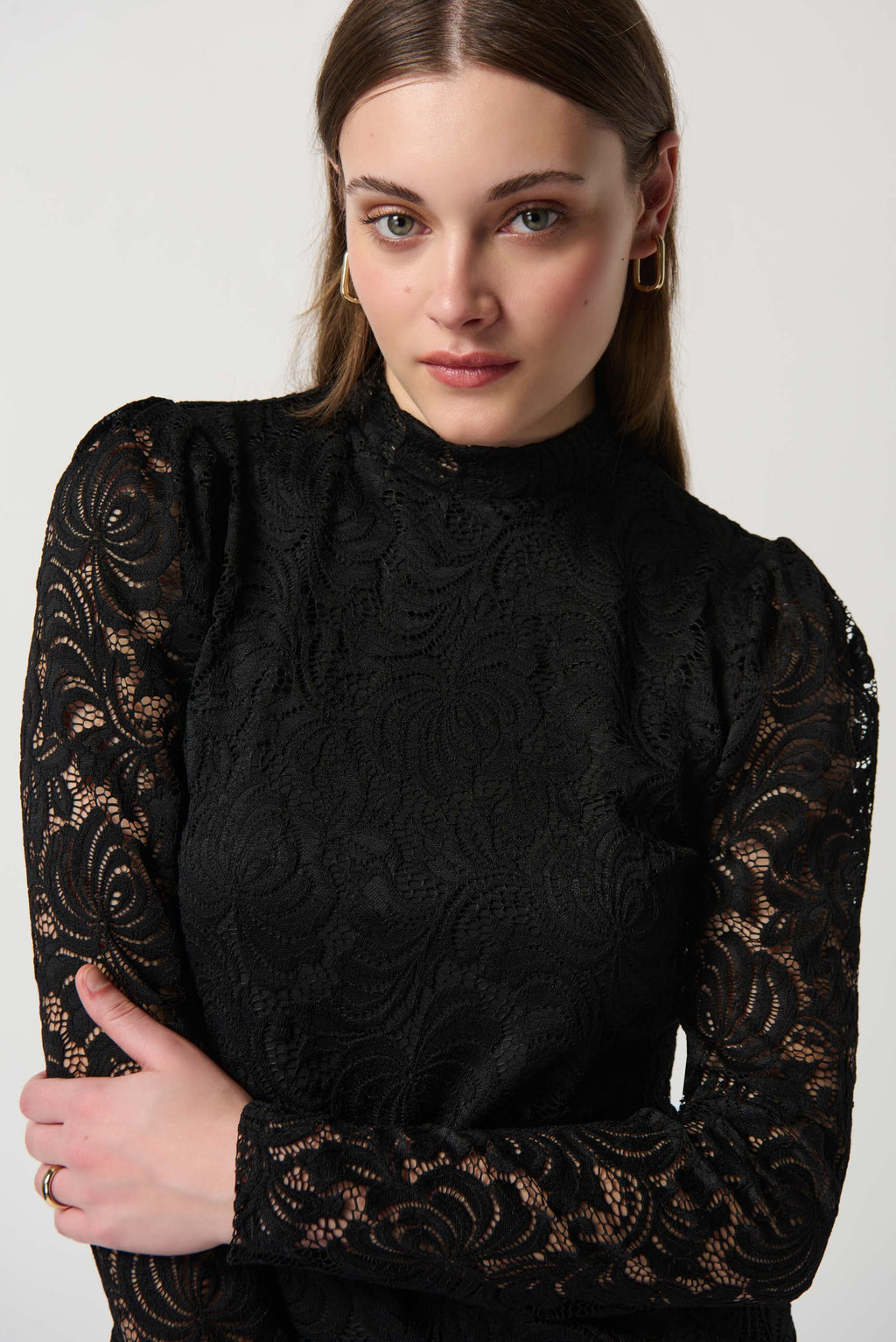 Joseph Ribkoff Black Lace Fitted Top With Long Puff Sleeves Style 234253