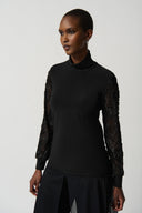 Joseph Ribkoff Black Turtleneck Top With Mesh Soutache Sleeves Style 234255