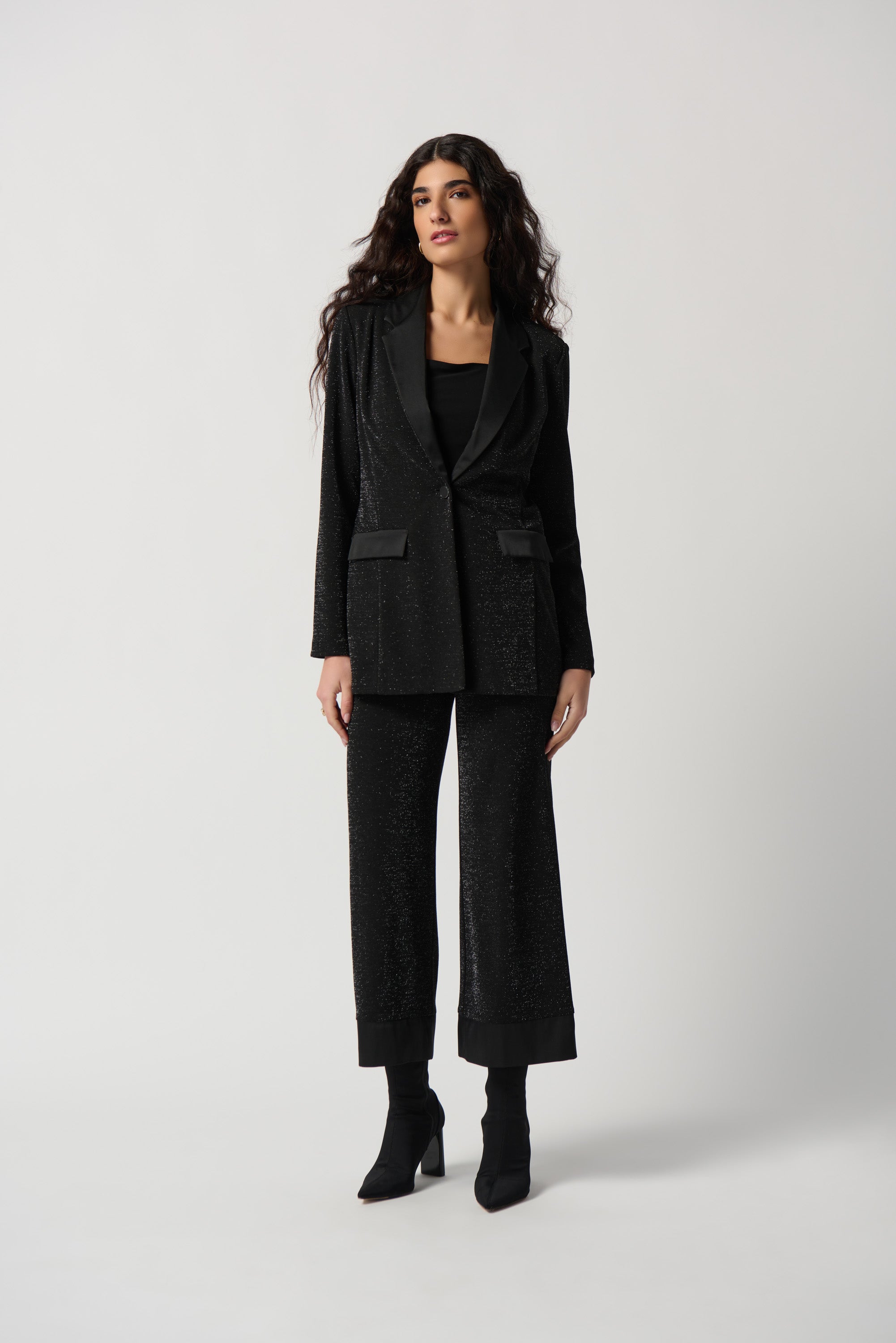 Joseph Ribkoff Black Metallic Knit Blazer With Satin Lapel Style 