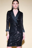 Joseph Ribkoff Black Sequins Dress With Satin Collar And Cuffs Style 234708