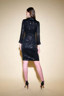 Joseph Ribkoff Black Sequins Dress With Satin Collar And Cuffs Style 234708