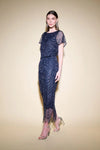 Joseph Ribkoff Navy/Silver Straight Dress With Fringe Hemline Style 234722