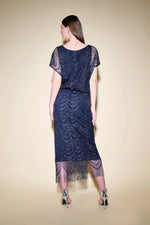 Joseph Ribkoff Navy/Silver Straight Dress With Fringe Hemline Style 234722