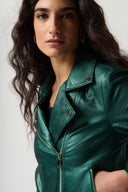 Joseph Ribkoff Emerald Metallic Faux Leather Biker Jacket Style 234902