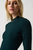 Joseph Ribkoff Alpine Green Embellished Sweater With Bell Sleeve and Mock Neck Style 234920