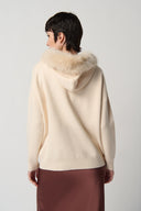 Joseph Ribkoff Almond Sweater With Faux Fur Hood And Pompoms Style 234921