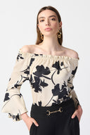 Joseph Ribkoff Beige/Black Floral Satin Off-the-Shoulder Top Style 241022