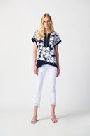 Joseph Ribkoff Midnight Blue/Vanilla Leaf Print Top Style 241032