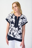 Joseph Ribkoff Midnight Blue/Vanilla Leaf Print Top Style 241032