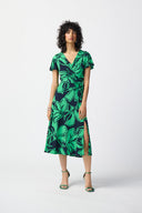 Joseph Ribkoff Midnight Blue/Green Floral Print Flowy Wrap Dress Style 241052