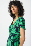 Joseph Ribkoff Midnight Blue/Green Floral Print Flowy Wrap Dress Style 241052