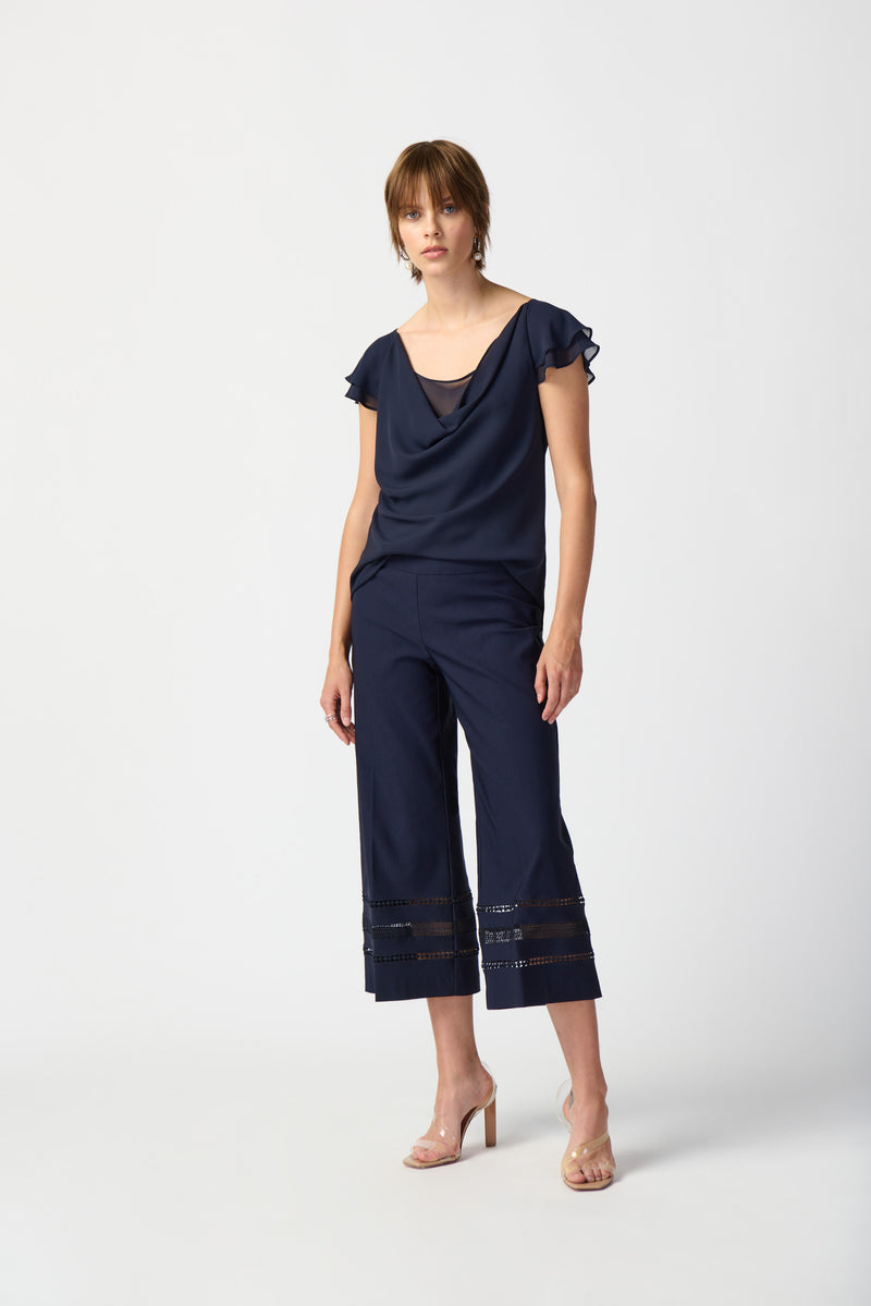 Joseph Ribkoff Midnight Blue Chiffon Pleated Pull-On Culotte Pants