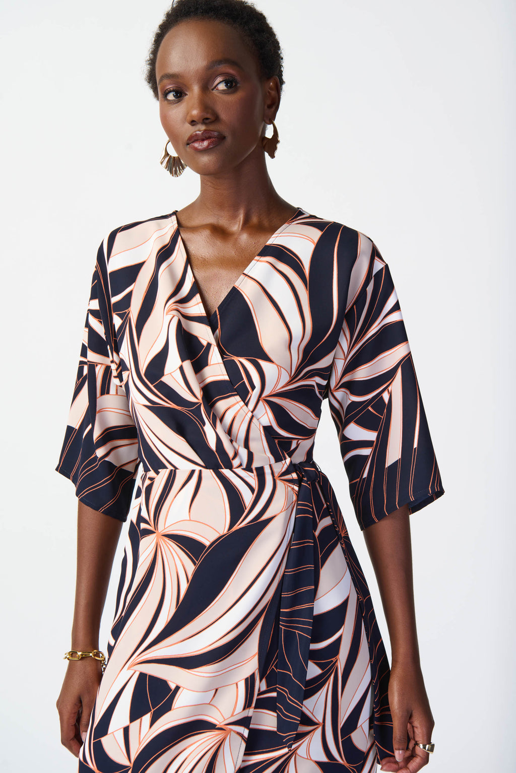 Joseph Ribkoff Midnight Blue/Multi Tropical Print Wrap Dress Style 241114