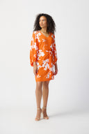 Joseph Ribkoff Mandarin/Vanilla Floral Print Puff Sleeve Belted Dress Style 241207