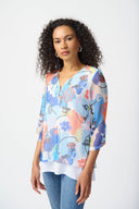 Joseph Ribkoff Vanilla/Multi Face Print Mesh Flared Top Style 241215