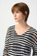 Joseph Ribkoff Black/White Striped Holey Knit High-Low Top Style 241255