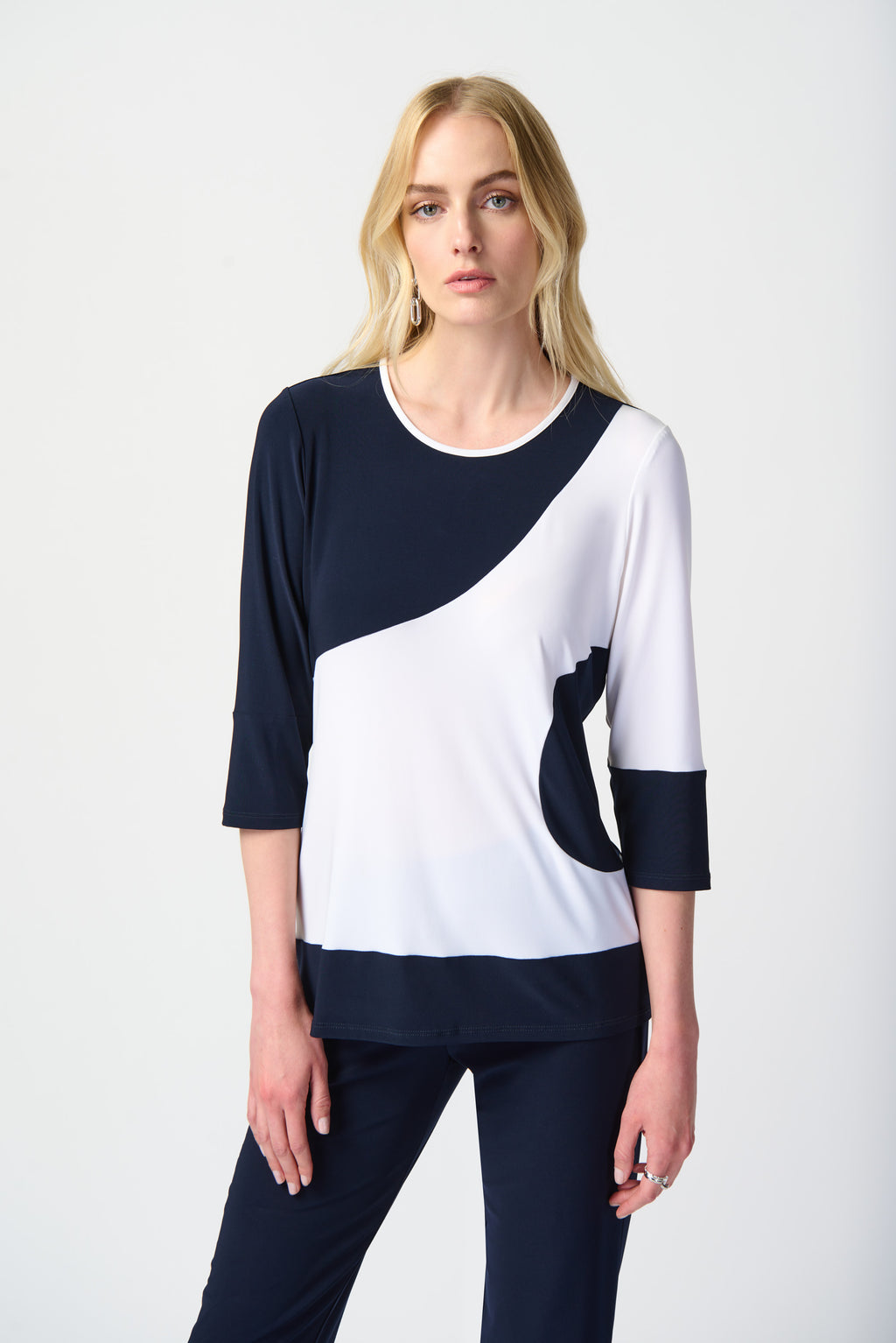 Joseph Ribkoff Midnight Blue/Vanilla Colour-Block Trapeze Top Style 241256