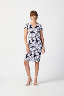 Joseph Ribkoff Midnight Blue/Vanilla Leaf Print Wrap Dress Style 241286