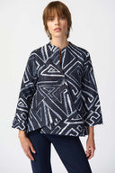 Joseph Ribkoff Midnight Blue/Vanilla Geometric Print Swing Jacket Style 241291