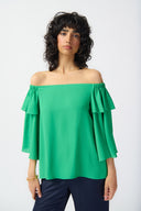 Joseph Ribkoff Island Green Off-Shoulder Flared Top Style 241305