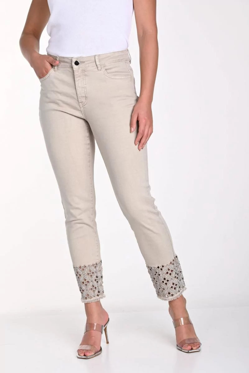 Frank Lyman Beige Jeans with Cut-out Embroidered Hem Style 241314U