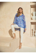 Frank Lyman Blue/Off-White Abstract Print Blouse Style 241352U