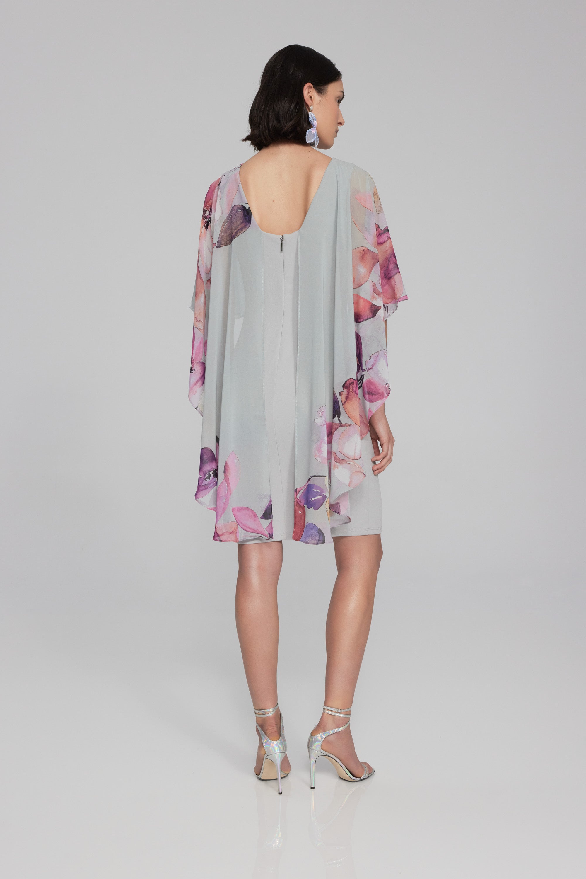 Joseph Ribkoff Grey/Multi Floral Print Chiffon Sheath Dress Style 