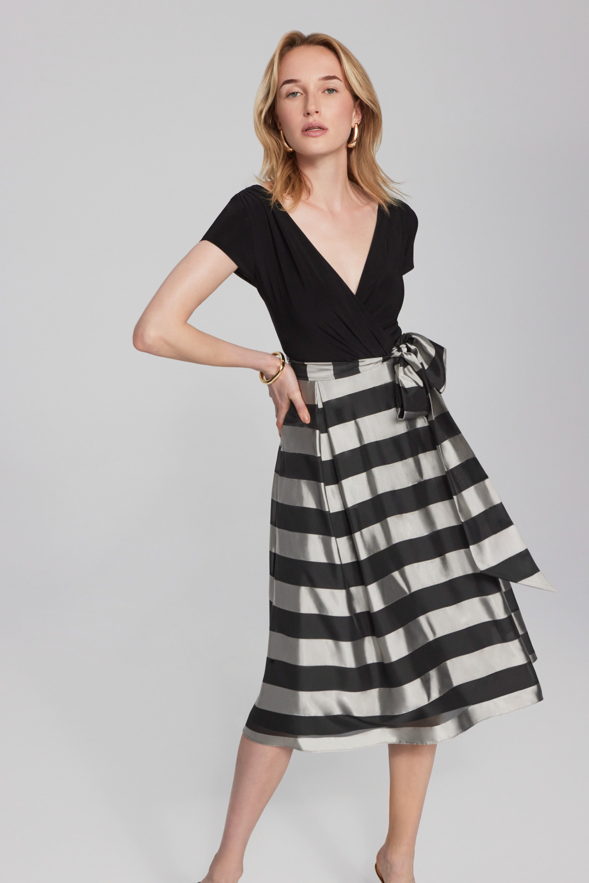 Joseph Ribkoff Black/Silver Striped Organza Fit-and-Flare Dress