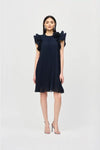 Joseph Ribkoff Midnight Chiffon Pleated Dress with Organza Flower Detail Style 241758