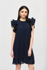 Joseph Ribkoff Midnight Chiffon Pleated Dress with Organza Flower Detail Style 241758