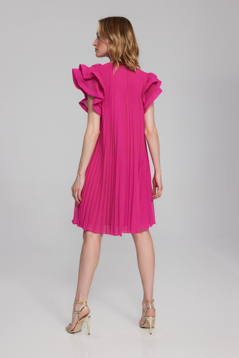 Joseph Ribkoff Shocking Pink Chiffon Pleated Dress with Organza Flower Detail Style 241758