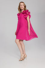 Joseph Ribkoff Shocking Pink Chiffon Pleated Dress with Organza Flower Detail Style 241758