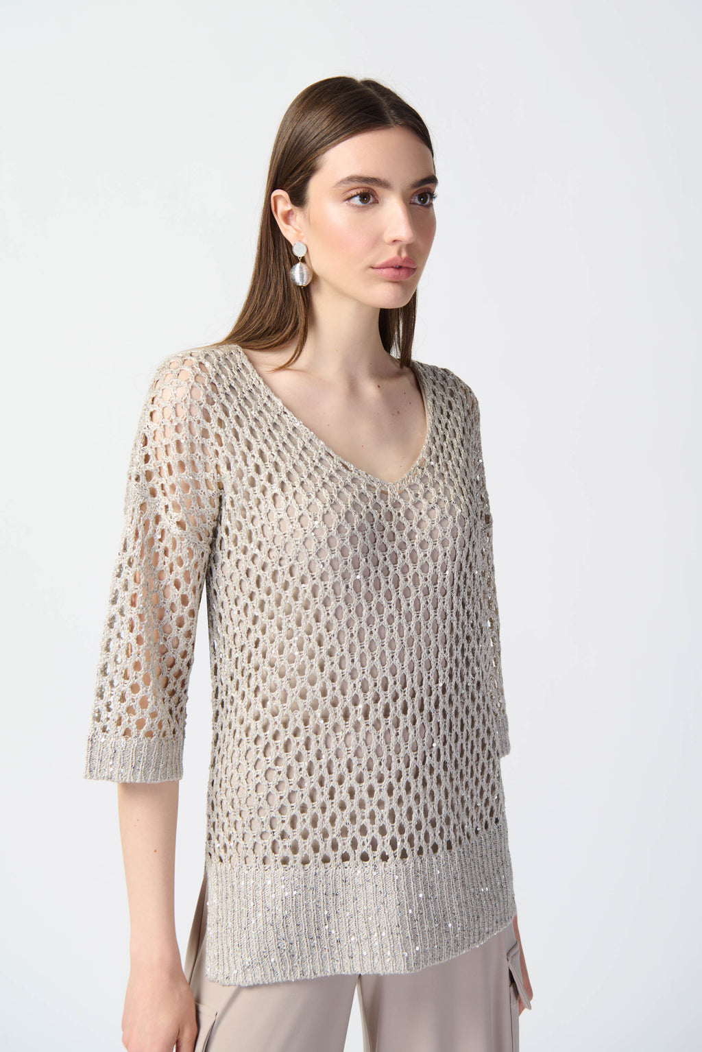 Joseph Ribkoff Champagne Open Stitch Sweater with Sequins Style 241922