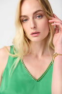 Joseph Ribkoff Island Green Satin Cami with Gold Chain Detail Style 241928