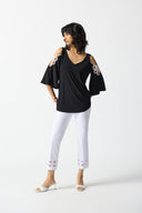 Joseph Ribkoff Black/Off-White Cold Shoulder A-Line Top Style 242017