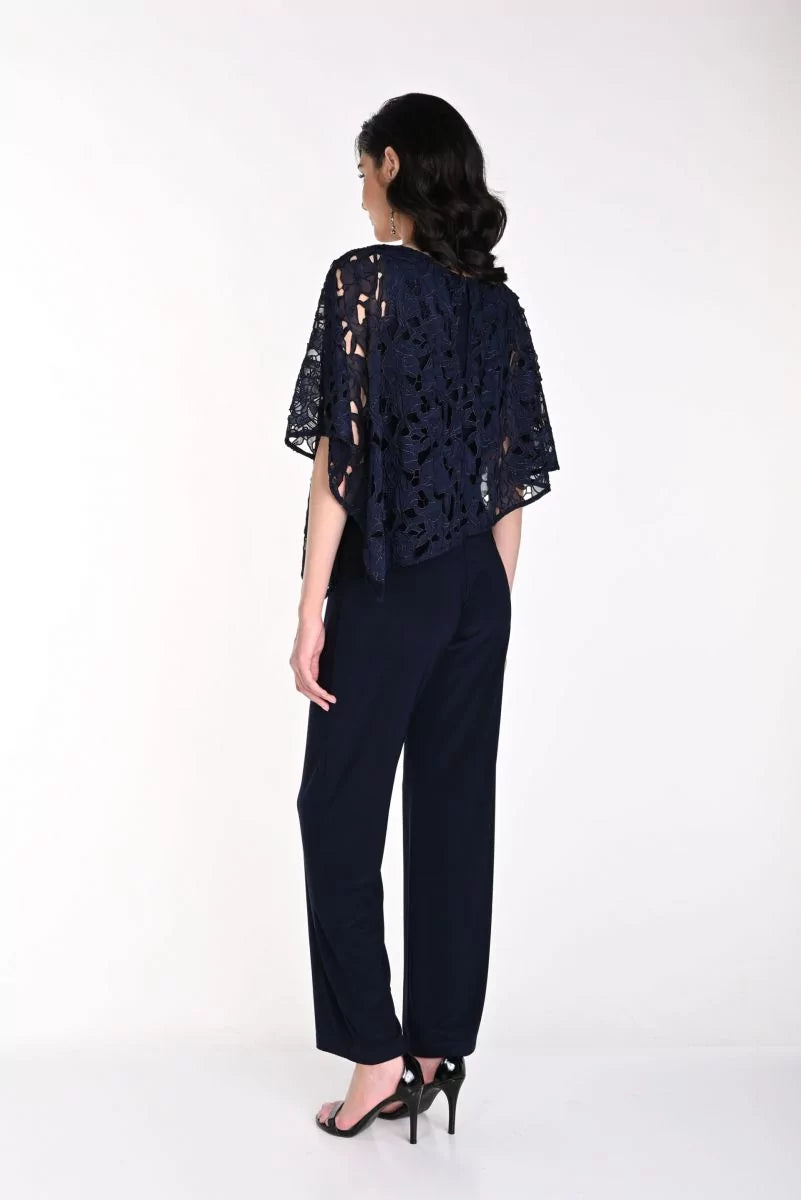 Frank Lyman Midnight Blue Jumpsuit with Floral Lace Overlay Style 242134