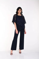 Frank Lyman Midnight Blue Jumpsuit with Floral Lace Overlay Style 242134